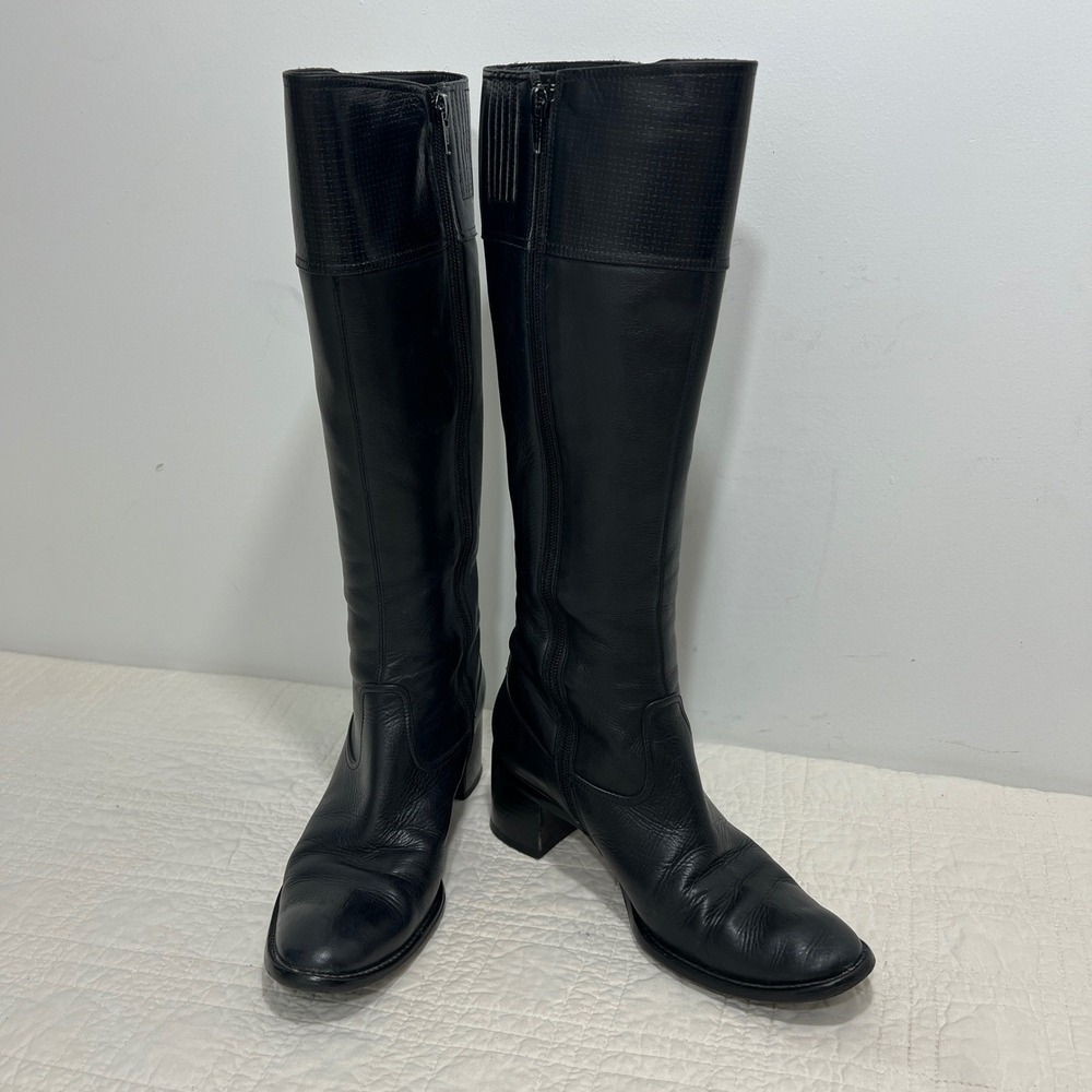 Barclay Japan Black Leather Knee High Block Heel Boots Buckle Detail Size 24